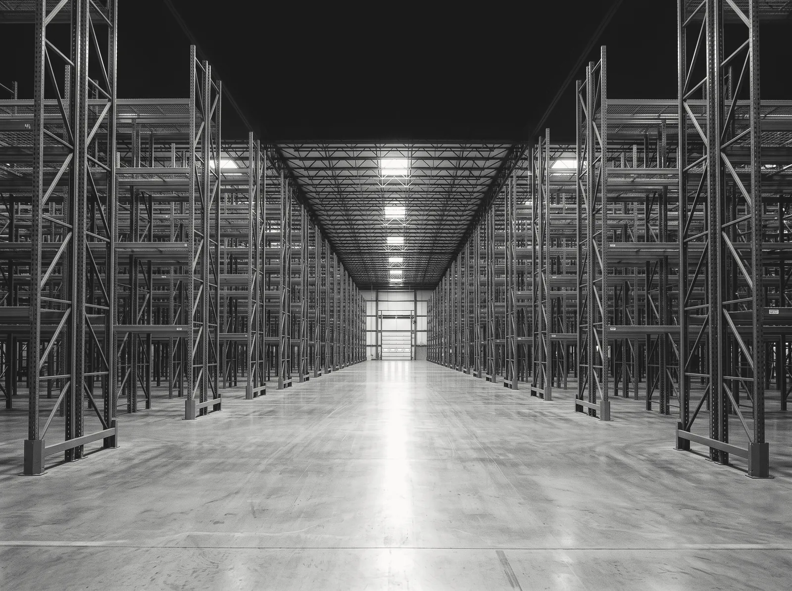Empty distribution warehouse aisle with tall racking on both sides
